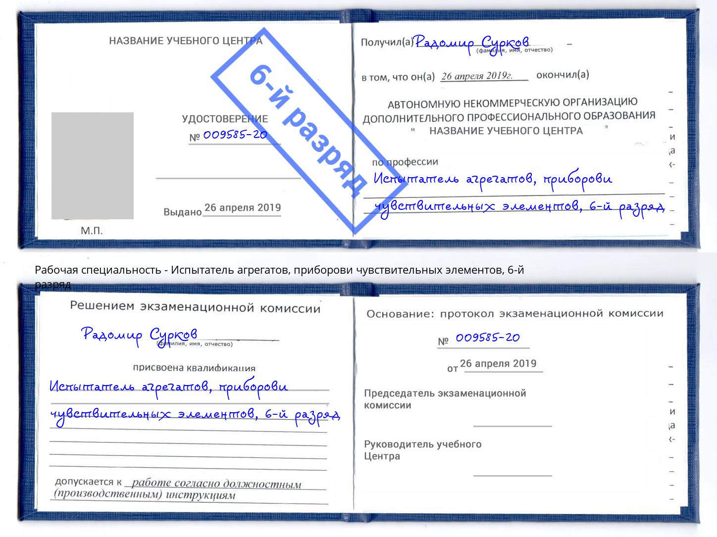 корочка 6-й разряд Испытатель агрегатов, приборови чувствительных элементов Алапаевск