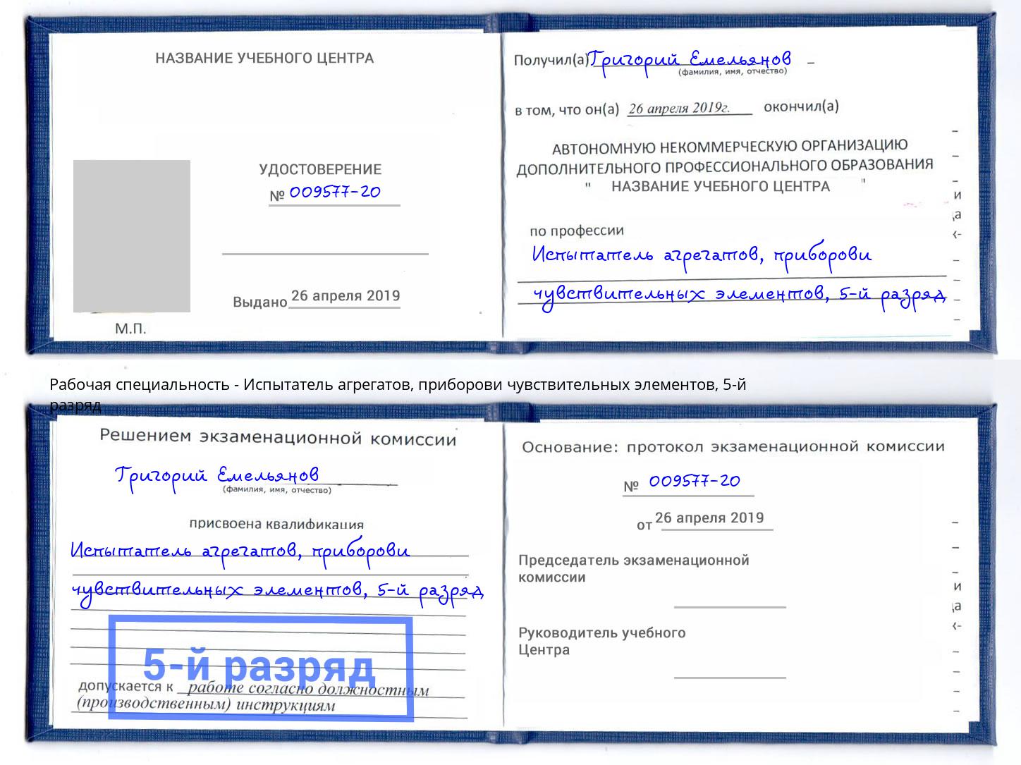 корочка 5-й разряд Испытатель агрегатов, приборови чувствительных элементов Алапаевск
