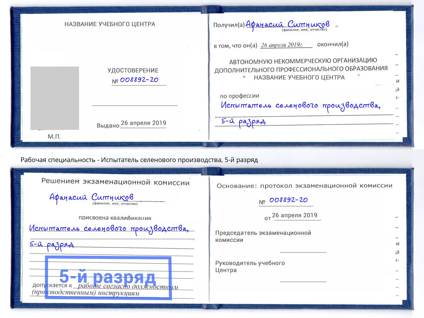 корочка 5-й разряд Испытатель селенового производства Алапаевск