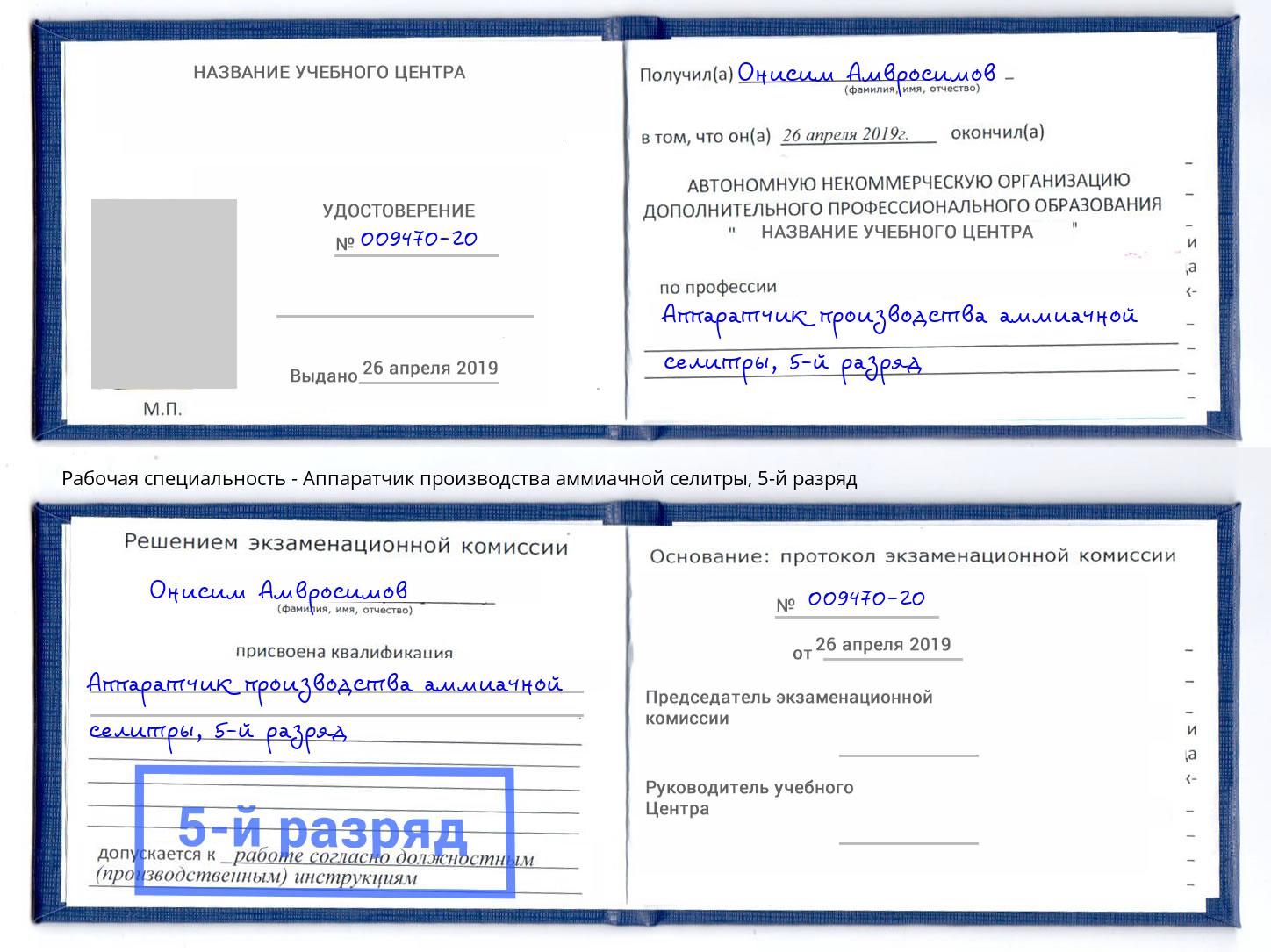 корочка 5-й разряд Аппаратчик производства аммиачной селитры Алапаевск