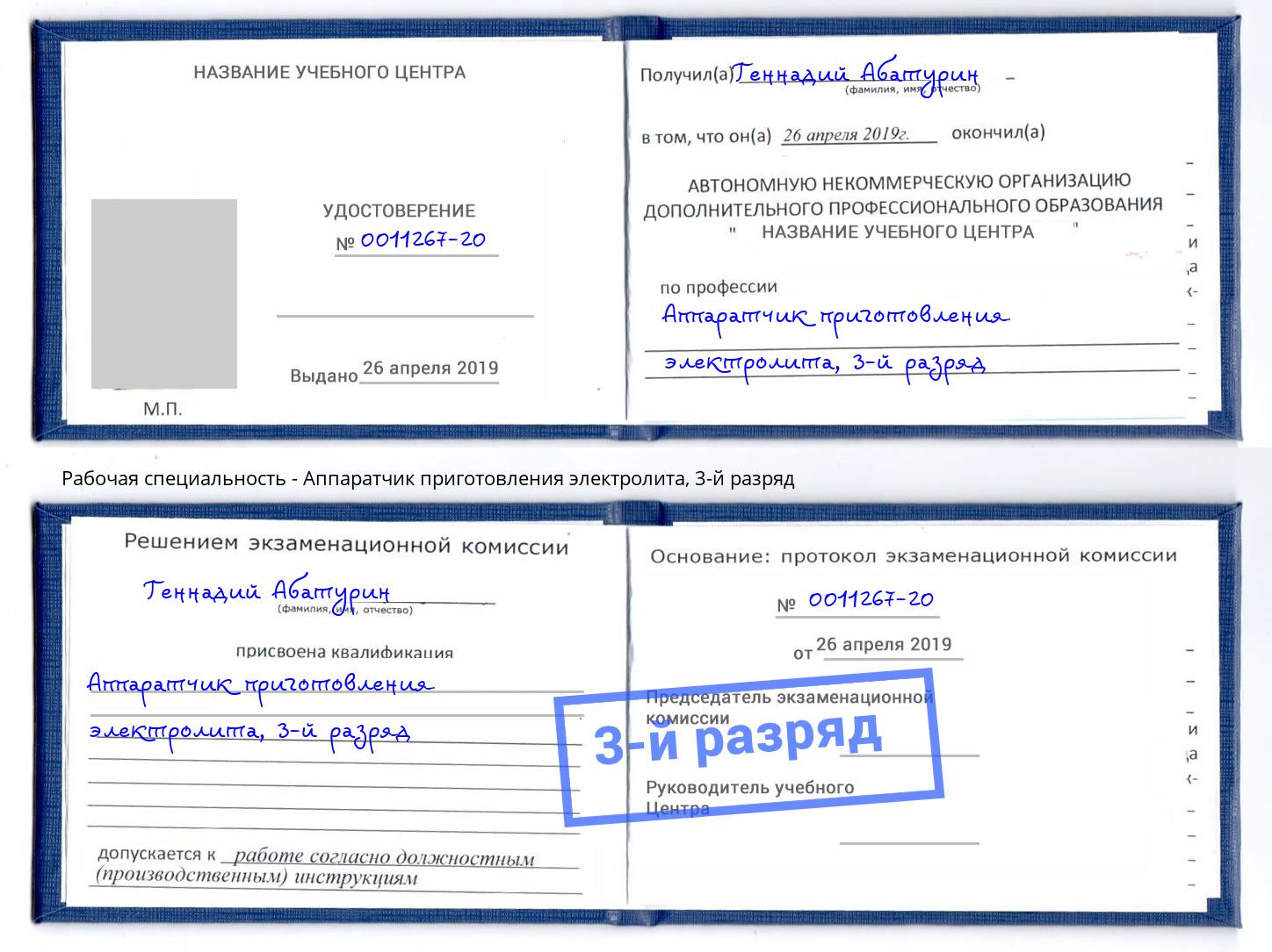корочка 3-й разряд Аппаратчик приготовления электролита Алапаевск
