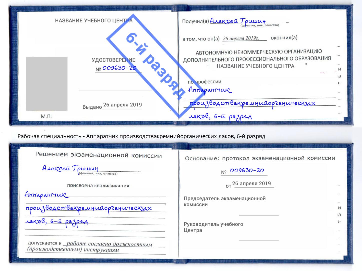 корочка 6-й разряд Аппаратчик производствакремнийорганических лаков Алапаевск