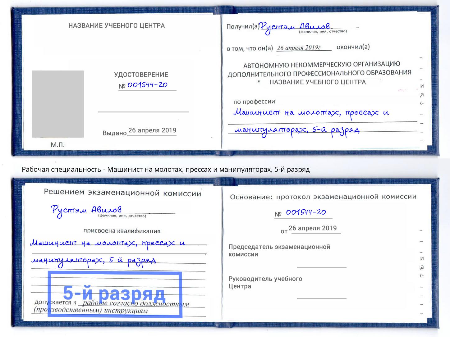 корочка 5-й разряд Машинист на молотах, прессах и манипуляторах Алапаевск