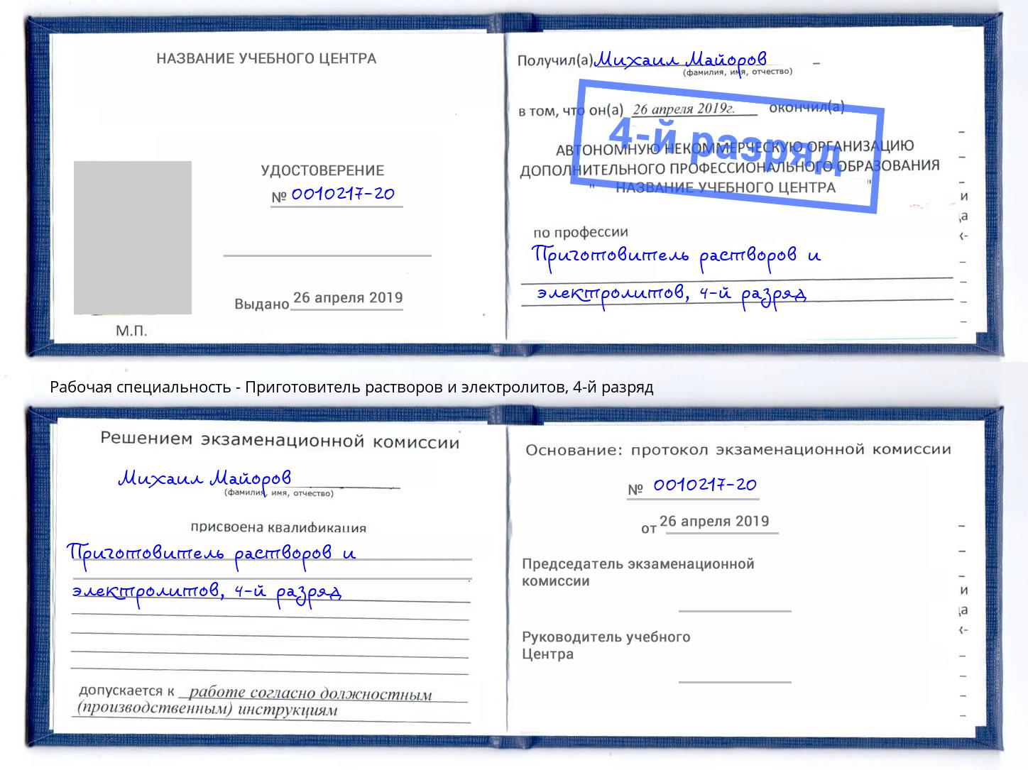 корочка 4-й разряд Приготовитель растворов и электролитов Алапаевск