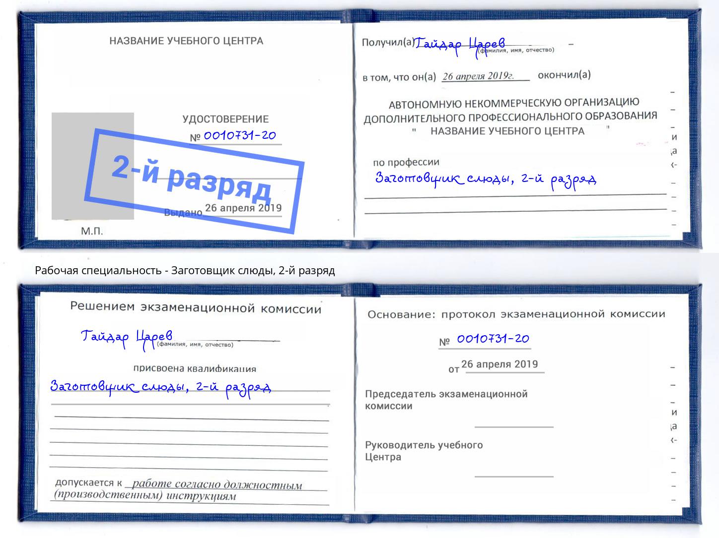 корочка 2-й разряд Заготовщик слюды Алапаевск