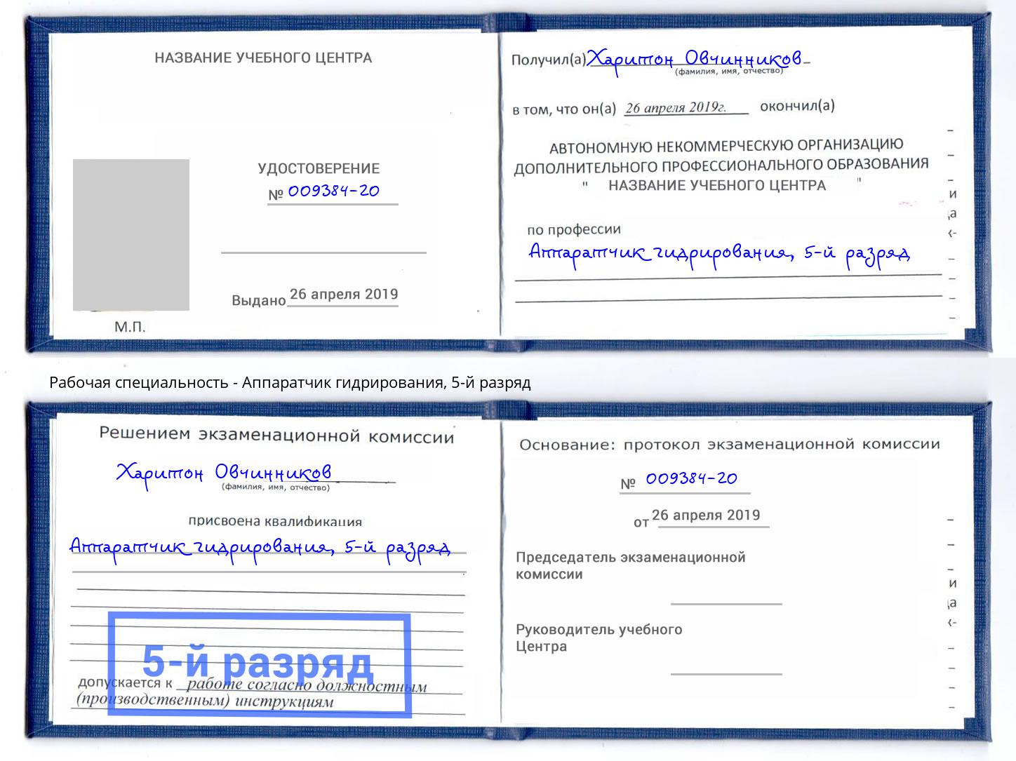 корочка 5-й разряд Аппаратчик гидрирования Алапаевск